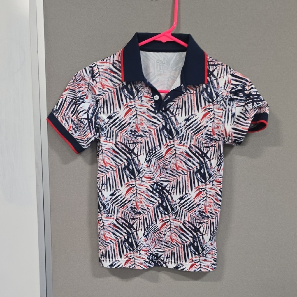 DSG Kids Polo Shirt with Navy and Red Leaf Pattern